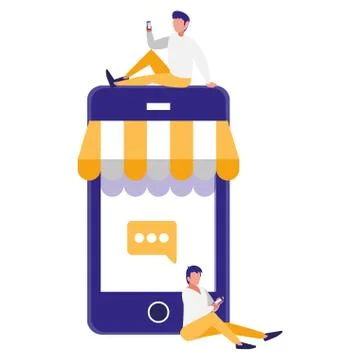 Couple men using smartphone with parasol Stock Illustration