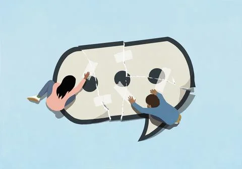 Couple mending speech bubble with adhesive tape Ilustração Stock