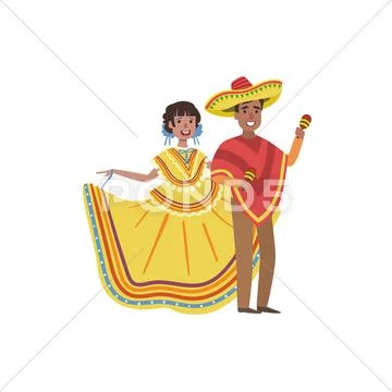Couple In Mexican National Clothes Stock Illustration