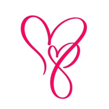 Couple monoline Red Vector Valentines Day Hand Drawn Calligraphic two Hearts 스톡 일러스트