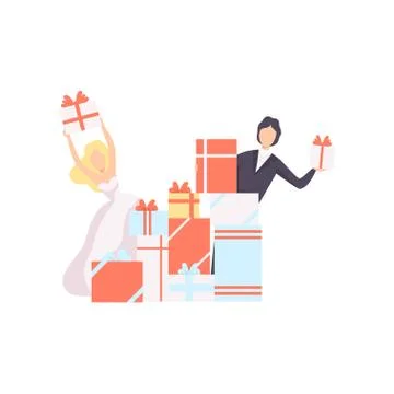 Couple of newlyweds with gift boxes vector Illustration on a white background 스톡 일러스트