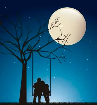 Couple in the night over swing with moon. vector illustration Ilustração Stock