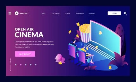 Couple at open-air cinema vector 3d isometric illustration. Dating in night p Illustrazione stock