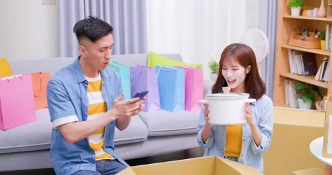 Couple open delivery boxes Stock Footage 160256539