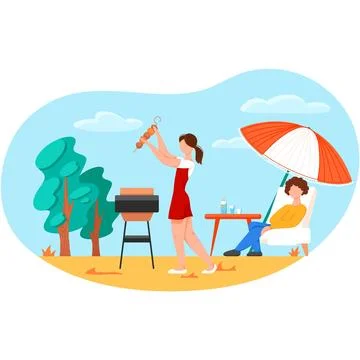 Couple on outdoor picnic using bbq grill vector Stock Illustration
