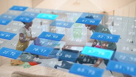 Couple packing open suitcase in room after trip alert, folding clothes and Stock Footage 333485550