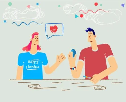 A couple is painting an easter egg. Simple and modern vector illustration. Stock Illustration