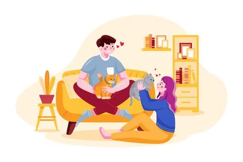 Couple pampering cat Stock Illustration