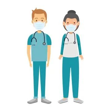 Couple paramedics using face mask isolated icon Illustrazione stock