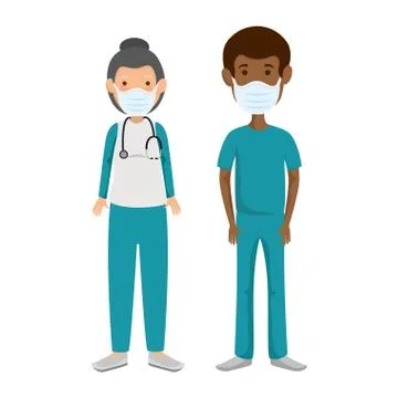Couple paramedics using face mask isolated icon Illustrazione stock