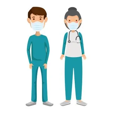 Couple paramedics using face mask isolated icon Illustrazione stock