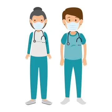Couple paramedics using face mask isolated icon Illustrazione stock