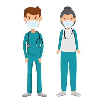 Couple paramedics using face mask isolated icon Illustrazione stock