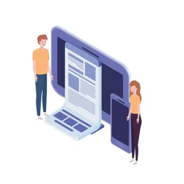 Couple of people with computer screen and smartphone in white background 스톡 일러스트