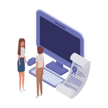 Couple of people with desktop computer screen and sheets of paper Illustrazione stock