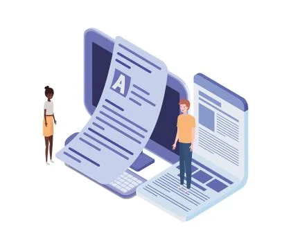 Couple of people with desktop computer screen and sheets of paper Illustrazione stock