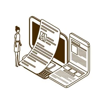 Couple of people with desktop computer screen and sheets of paper Stock Illustration