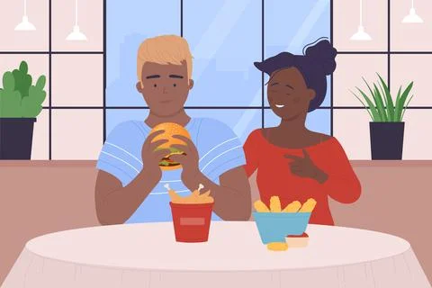 Couple people eat fast food in cafe, hungry teens eating chicken nuggets Stock Illustration