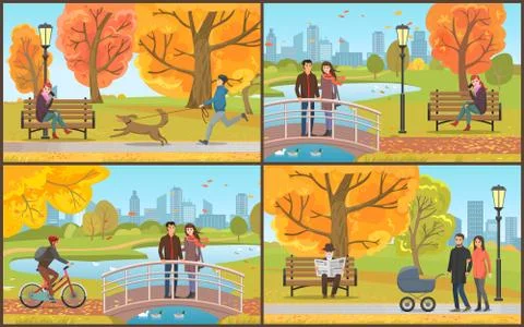 Couple with Perambulator Walking in Park Vector Stock Illustration