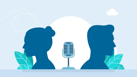 Couple. Perfect for a podcast or interview promo. Man, woman with mic Stock Footage 346175103