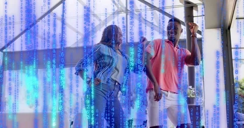 Couple performing rhythmic dance gesture invoking binary rain overlay showcasing Video stock 318917903