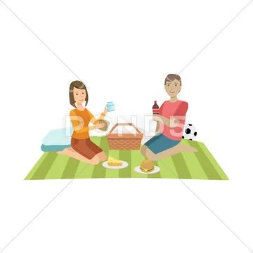 Couple On Picnic With Football Ball Stock Illustration