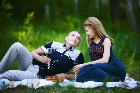 Couple at picnic in forest Stock Photos