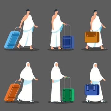 Couple Of Pilgrims Pulling Briefcase Waiting For Departure Stock Illustration