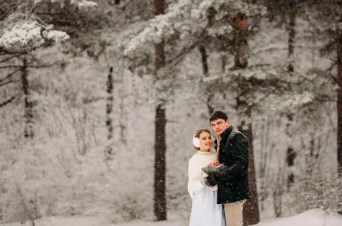 Couple in a pine forest 库存照片