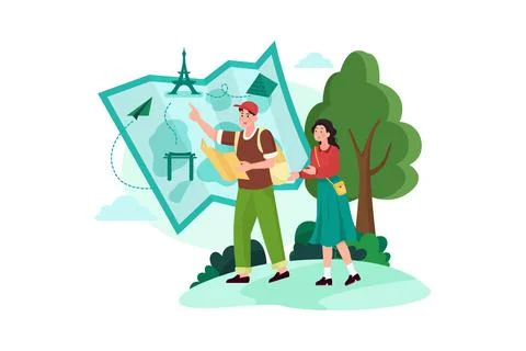 Couple planning a trip on the map Ilustração Stock