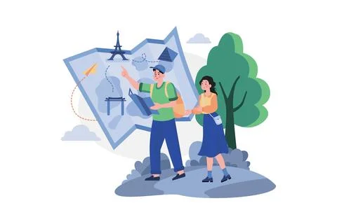 Couple Planning A Trip On The Map Ilustração Stock