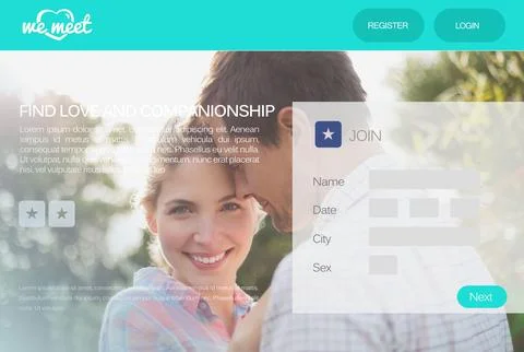 Couple posing in sunlit garden flat design showing translucent signup panel and Ilustração Stock