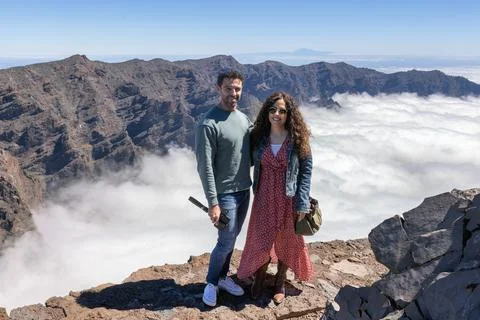 Couple posing at top of Caldera de Taburiente, La Palma Stock Photos