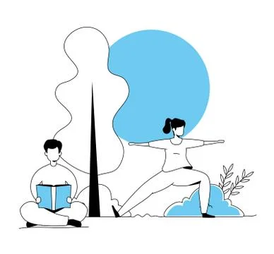 Couple practicing exercise in park landscape Ilustração Stock