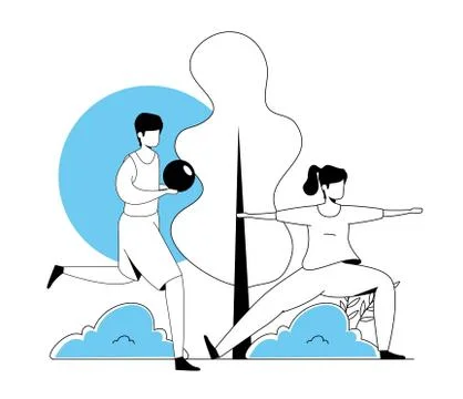 Couple practicing exercise in park landscape Ilustração Stock