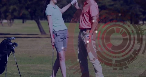 Couple practicing golf swing on fairway, displaying animated club icon and Stock Footage 327587565