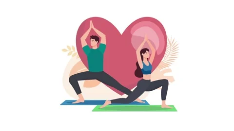 Couple practicing yoga together in front of a heart symbol. Stock Footage 318345567