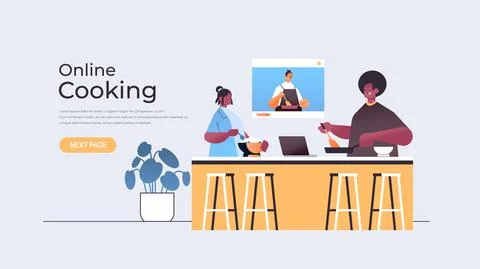Couple preparing dish while watching video tutorial with chef in web browser Stock Illustration