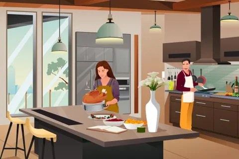 Couple Preparing For Thanksgiving Dinner in the Kitchen Stock Illustration