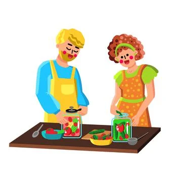 Couple Preserving Vegetables In Bottles Vector Illustration Stock Illustration