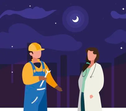 Couple of professional workers on the night Ilustração Stock