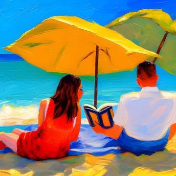 Couple reading on the beach during summer sun Stock Illustration