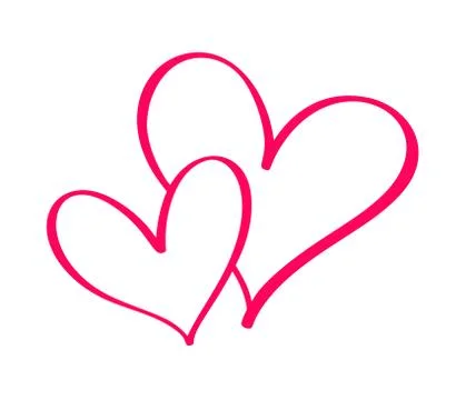 Couple Red Vector Valentines Day Hand Drawn Calligraphic two Hearts. Calligraphy Stock-Illustration