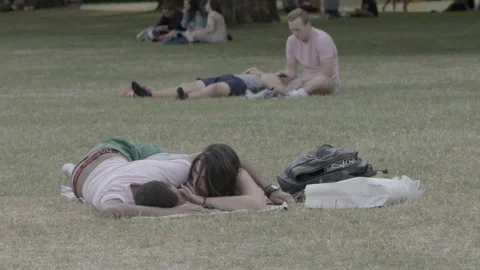 Couple Relaxing and Talking on Grass in Public Park Stock Footage 344617660