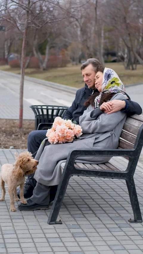 Couple relaxing on a bench during a walk in the park. A loving couple walks Video stock 313680692