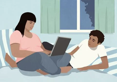 Couple relaxing at home on bed, using laptop at night 库存插图
