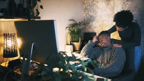 Couple, remote work and massage in relax at home office, mental health and Stock Footage 261295762