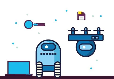 Couple of robots technology with data center icons Illustrazione stock