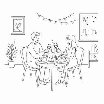Couple on romantic dinner date at home with wine Silhouette Stock Illustration