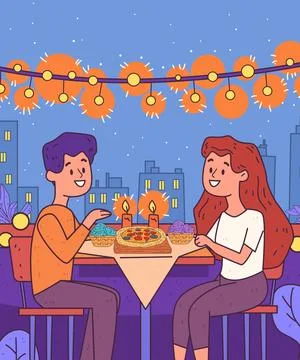 Couple romantic dinner rooftop setting night. Smiling pair enjoying meal under Ilustração Stock